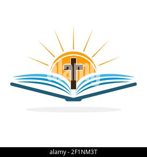 Logo de l'église. Bible avec croix chrétienne. Symbole de religion abstraite. Illustration vectorielle. Illustration de Vecteur