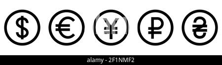 Signes monétaires de différents pays. Ensemble de symboles monétaires noirs. Illustration vectorielle. Illustration de Vecteur