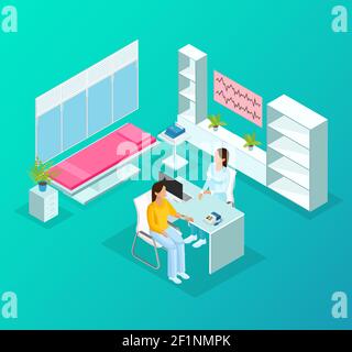 Modèle de soins cardiaques médicaux isométriques avec cardiologue en visite chez le patient pour illustration du vecteur de traitement et de surveillance de la santé Illustration de Vecteur