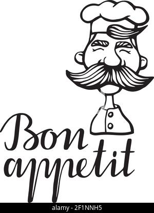 Illustration vectorielle dessinée à la main d'une cuisinière à chef avec une moustache dans une robe blanche. logo de tête de cuisinière à chef. Illustration de Vecteur