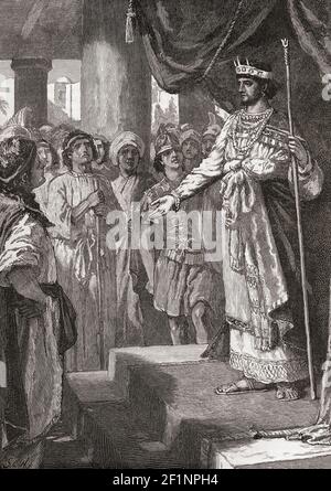 Rehoboam acceptant le conseil des jeunes hommes qui était de ne montrer aucune faiblesse devant son peuple et d'augmenter la fiscalité. Rehoboam, premier roi du Royaume de Juda, fils de Salomon. De l'Histoire universelle de Cassell, publié en 1888. Banque D'Images