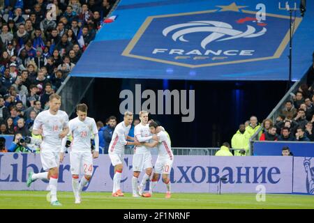 Aleksandr Kokorin (Zenith Saint-Petersbourg) (RUS) a marqué un but, Alan Dzagoev (CSKA Moscou) (RUS), Aleksei Berezutski (CSKA Moscou) (RUS) lors du match international de football 2016 (football) entre la France et la Russie le 29 mars 2016 au Stade de France Stephane - Denis Allane - DPAAN - DPAI Banque D'Images