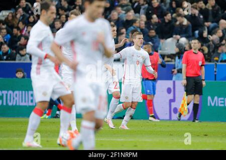 Aleksandr Kokorin (Zenith Saint-Petersbourg) (RUS), Artem Dzyuba (Zenith Saint-Petersbourg) (RUS) lors du match international de football 2016 (football) entre la France et la Russie le 29 mars 2016 au Stade de France à Saint Denis, France - photo Stephane Allaman / DPPI Banque D'Images