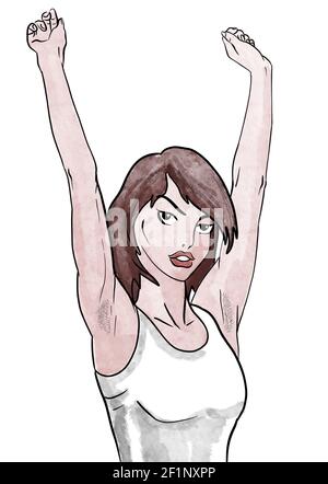 fille avec ses bras dans l'air dessin à la main illustration Banque D'Images