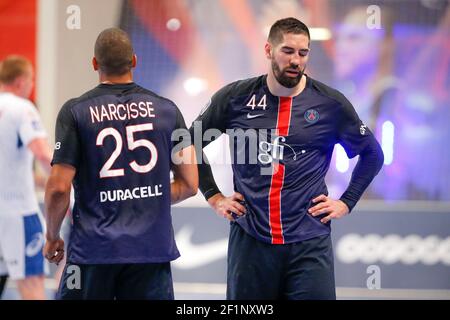 Nikola Karabatic (PSG Hanball), Daniel Narcisse (PSG Hanball) lors du championnat de France D1 Handball match entre Paris Saint Germain Handball (PSG) et Montpellier Handball, le 12 mai 2016 au stade Pierre de Coubertin à Paris, France - photo Stephane Allaman / DPPI Banque D'Images
