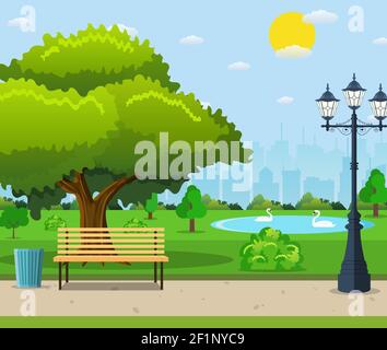 Banc du parc de la ville sous un grand arbre vert Illustration de Vecteur