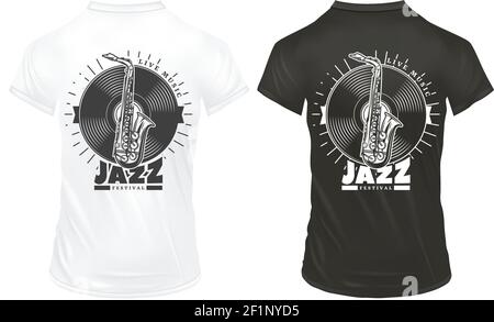Modèle de reproductions de musique jazz vintage avec inscription saxophone vinyle chemises blanches et noires illustration vectorielle isolée Illustration de Vecteur