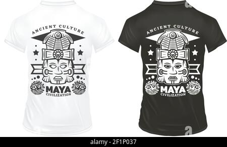 La civilisation maya vintage imprime un modèle avec inscriptions et cérémonie tribale masques sur chemises noires et blanches illustration vectorielle isolée Illustration de Vecteur