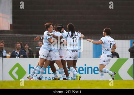 JOSEVATA TALIGA ROKOCOKO (Racing Metro 92) a marqué une fête avec JUAN IMHOFF (Racing Metro 92), Albert Vuli Vuli (Racing Metro 92), JOHANNES GOOSEN (Racing Metro 92) lors du match de rugby français Top 14 entre Racing 92 et Montpellier Hérault Rugby le 5 juin, 2016 au Stade Olympique Yves-du-Manoir, à Colombes, France - photo Stephane Allaman / DPPI Banque D'Images