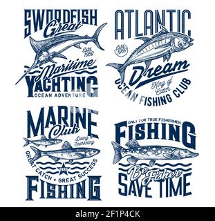 Reproductions de t-shirts de clubs de pêche marine et de yachting. Marlin, thon et sprat, vecteur gravé de brochet. Grand trophée hobby phishing, pêcheurs et yachtmen appa Illustration de Vecteur