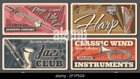 Bannières rétro de concerts de musique classique et de jazz. Kamancheh et harpe classique, bugle, saxophone et vecteur gravé de shamisen. Concert acoustique avec oren Illustration de Vecteur
