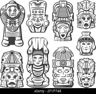 Collection d'objets de civilisation maya monochrome vintage avec masques de cérémonie tribaux et aztec totems illustration vectorielle isolée Illustration de Vecteur