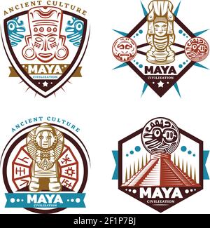 Ensembles d'emblèmes de civilisation maya de couleur vintage avec des totems de masque tribal illustration vectorielle isolée du calendrier maya idols aztec pyramide Illustration de Vecteur