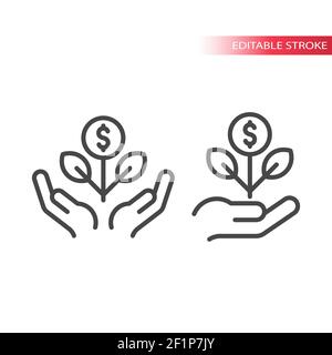 Icône de vecteur de ligne de croissance de l'entreprise. Symbole main, plante et dollar, trait modifiable. Illustration de Vecteur