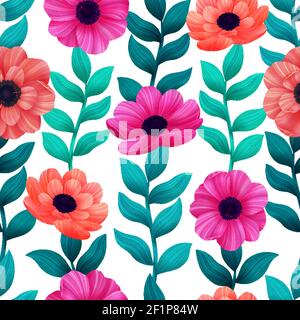 Motif tropical lumineux sans couture avec fleurs et feuilles de style 3d sur fond blanc. Design tendance pour fonds d'écran textile économiseurs d'écran mariage ou Illustration de Vecteur