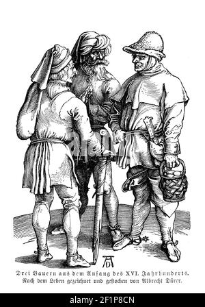 Trois paysans en conversation, Renaissance Times, gravure par Albrecht Duerer 1497 Banque D'Images