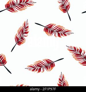 Motif vectoriel sans couture avec plumes rouges sur fond blanc. Papier peint abstrait doux. Tissu tendance simple et élégant. Illustration de Vecteur