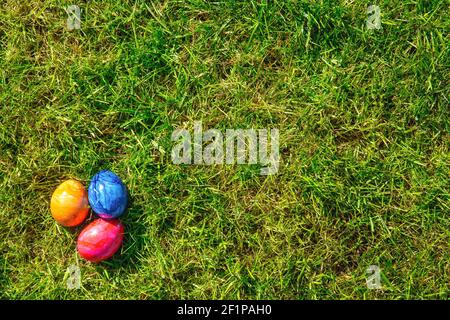 Oeufs de Pâques cachés dans l'herbe, coloré peint à la main oeufs chasse, Happy Easter Holiday concept dans le jardin ou le parc, Banque D'Images