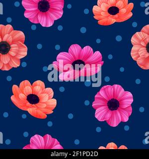 Motif tropical lumineux sans couture avec fleurs de style 3d et pois sur fond bleu marine. Design tendance pour fonds d'écran, emballage, textile, économiseur d'écran Illustration de Vecteur
