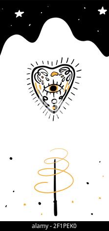Illustration à la main des cartes de sorcières et de tarot. Symboles magiques. Style plat et dessin animé. Pour le motif imprimé, le tatouage, les autocollants. Tarot magique Wicca Illustration de Vecteur