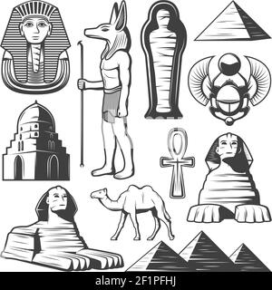 Éléments anciens d'Égypte vintage avec sarcophage pharaon ankh scarab sphinx pyramides de chameau citadelle momie isolée illustration vectorielle Illustration de Vecteur