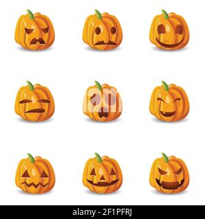 Ensemble de neuf icônes isolées de citrouille d'halloween avec émotions emoji émoticônes avec ombres sur illustration vectorielle d'arrière-plan vide Illustration de Vecteur