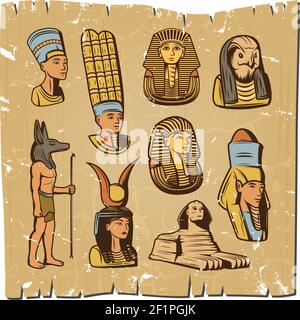 Collection d'éléments égyptiens anciens de couleur vintage avec Dieu déesses pharaoh illustration vectorielle isolée sphinx sur papier parchemin Illustration de Vecteur