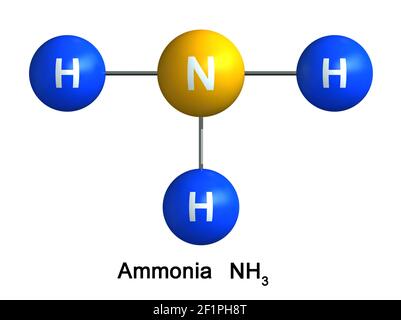 rendu 3d de la structure moléculaire de l'ammoniac isolé sur fond blanc. Les atomes sont représentés sous forme de sphères avec un code de couleur et de symbole chimique : h. Banque D'Images