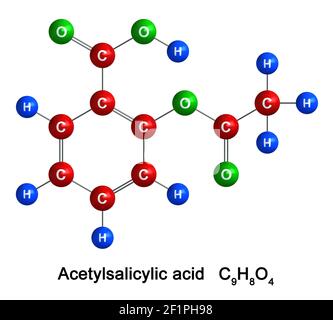 Rendu 3d de la structure moléculaire de l'acide acétylsalicylique isolé sur fond blanc. Les atomes sont représentés sous forme de sphères de couleur et de symb chimique Banque D'Images
