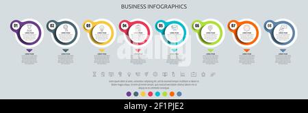 Infographie vectorielle Circles avec 8 étapes, icônes. Chronologie utilisée pour les graphiques, le Web, la bannière, la mise en page du flux de travail, les présentations, organigramme, graphique d'informations, contenu Illustration de Vecteur
