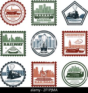 Ensemble de timbres et d'autocollants de locomotive vintage avec inscriptions de train ferroviaire illustration vectorielle isolée des feux de circulation et du paysage urbain Illustration de Vecteur