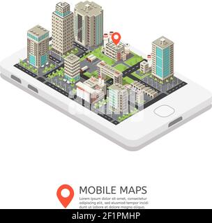 Cartes mobiles conception isométrique avec bâtiments industriels et de bureau debout sur l'écran de l'illustration vectorielle du smartphone Illustration de Vecteur