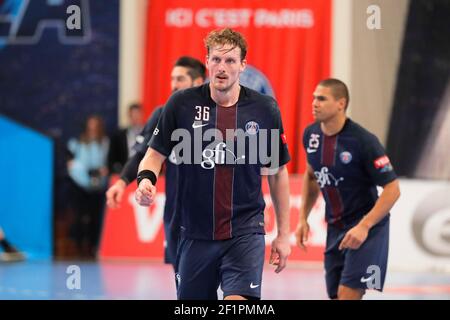 Jesper Nielsen (PSG Handball), Nikola Karabatic (PSG Hanball), Daniel Narcisse (PSG Hanball) pendant la Ligue des champions de l'EHF, Groupe A, Handball match Paris Saint-Germain Handball contre Bjerringbro-Silkeborg, le 11 janvier 2017, au stade Pierre de Coubertin à Paris, France - photo Stéphane Allaman / DPPI Banque D'Images