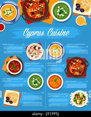 Chypre cuisine vecteur salade de pamplemousse avec fromage de chèvre, soupe de poulet au citron avgolemono et aubergine cuite et salade grecque. Légumes marinés, cucum Illustration de Vecteur