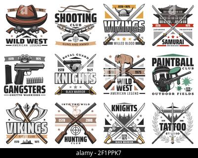 Armes à feu et épées icônes rétro. Tir, chasse et paintball club, gangsters et vikings froid et arme à feu, l'ouest sauvage, japon bushido et Illustration de Vecteur