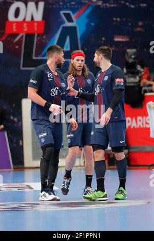 Luka Karabatic (handball PSG), Mikkel Hansen (Hanball PSG), Nikola Karabatic (Hanball PSG) lors de la Ligue des champions de l'EHF, tour 16, 2ème match de handball de jambe entre Paris Saint-Germain et HBC Nantes le 1er avril 2017 au stade Pierre de Coubertin à Paris, France - photo Stephane Allaman / DPPI Banque D'Images