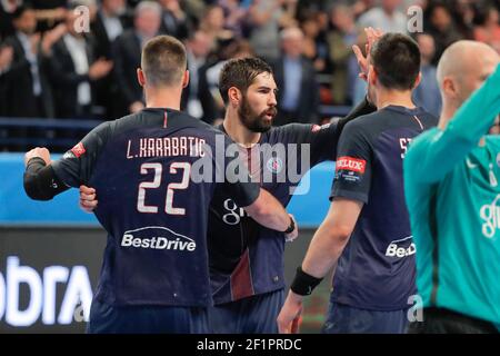 Nikola Karabatic (PSG Hanball), Luka Karabatic (PSG handball), Luka Stepancic (PSG Hanball) ont été cédés lors de la Ligue des champions de l'EHF, ronde 8, 2e match de handball de jambe entre Paris Saint-Germain Handball et SC Pick Szeged, le 29 avril 2017 au stade Pierre de Coubertin à Paris, France - photo Stephane Allaman / DPPI Banque D'Images