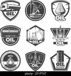 Étiquettes monochromes pour l'industrie pétrolière avec matériel et objets d'extraction de pétrole illustration vectorielle isolée de style vintage Illustration de Vecteur