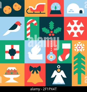 Joyeux Noël motif sans couture illustration des icônes modernes de décoration de Noël géométrique. Le fond en mosaïque de fête est coloré Illustration de Vecteur