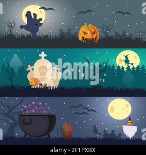 Bande dessinée Halloween horizontale bannières avec main zombie effrayant tombe de citrouille volant de sorcière chaudron chauves-souris fantômes images vecteur de scarecrow illustration Illustration de Vecteur