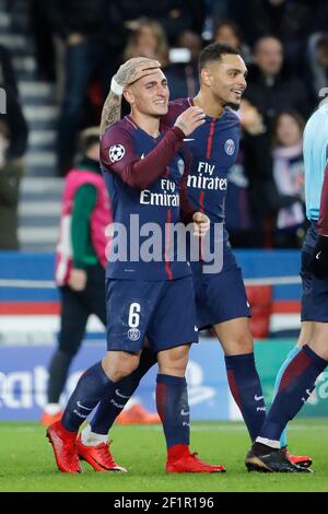 Marco Verratti (psg) a marqué un but, avec Layvin Kurzawa (psg) lors de la Ligue des champions de l'UEFA, match de football du Groupe B entre Paris Saint-Germain et le Celtic FC le 22 novembre 2017 au stade du Parc des Princes à Paris, France - photo Stephane Allaman / DPPI Banque D'Images