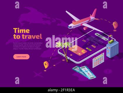 Temps de déplacement de la page d'accueil isométrique. Service en ligne, application mobile pour les voyageurs et les touristes. Avion de passagers volant sur un énorme téléphone portable, un sac à bagages, des billets d'avion, une carte bancaire et un itinéraire de voyage Illustration de Vecteur