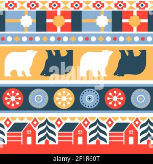 Motif de Noël sans coutures et motif traditionnel folklorique nordique. Arrière-plan de vacances rétro de forêt d'hiver, animal d'ours et décoration de Noël pour Illustration de Vecteur