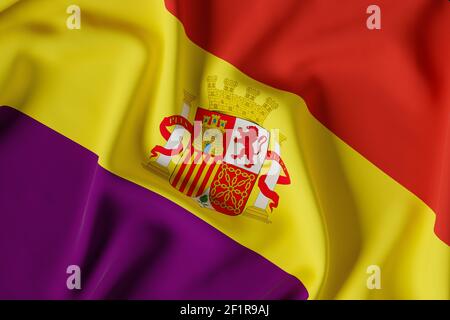 Drapeau officiel de la deuxième république espagnole. Version avec illustration de rendu Shield.3D Banque D'Images