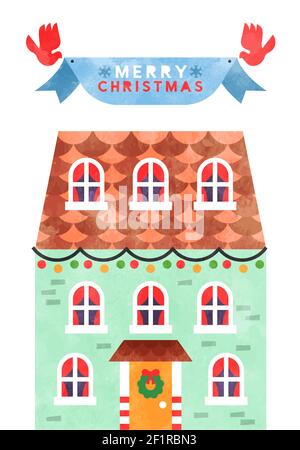 Carte de vœux Merry Christmas illustration, jolie maison de dessin animé aquarelle avec décoration de Noël festive dans le style géométrique moderne et les oiseaux tiennent Illustration de Vecteur