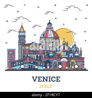 Contour Venise Italie Skyline avec des bâtiments historiques colorés isolés sur blanc. Illustration vectorielle. Venise Cityscape avec des sites touristiques. Illustration de Vecteur