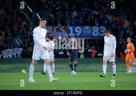 Kylian Mbappe Lottin (PSG), Sanjin PRCIC (Racing Club Strasbourg Alsace), Dimitri LIENARD (Racing Club Strasbourg Alsace), Ludovic AJORQUE (Racing Club Strasbourg Alsace), Matz BELS (Racing Club Strasbourg Alsace) lors du match de football L1 du championnat français entre Paris Saint-Germain et RC Strasbourg Alsace le 7 avril, 2019 au stade du Parc des Princes à Paris, France - photo Stephane Allaman / DPPI Banque D'Images