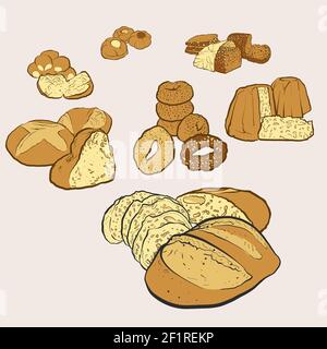Produits de boulangerie dessinés à la main pour l'art mural et les imprimés de chemises Illustration de Vecteur