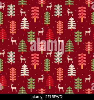 Motif vintage folk christmas sans coutures avec arbre traditionnel scandinave d'art pin et animaux de renne. Arrière-plan de décoration de forme géométrique rétro, Illustration de Vecteur