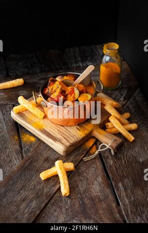 Saucisse au curry avec frites Banque D'Images